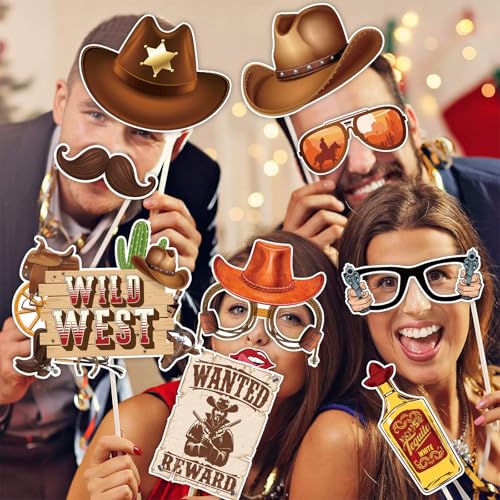 30 Pieces Western Cowboy Cowgirl Photo Booth Props Wild West Themed Party Decoration Rodeo Party Decorations with Wanted S...