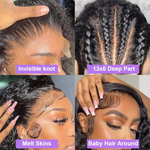 Deep Wave Lace Front Wigs Human Hair 13x6 HD Lace Frontal Wigs Human Hair Pre Plucked 200 Density Deep Curly Glueless Wigs Human Hair For Women Natural Black 20 Inch