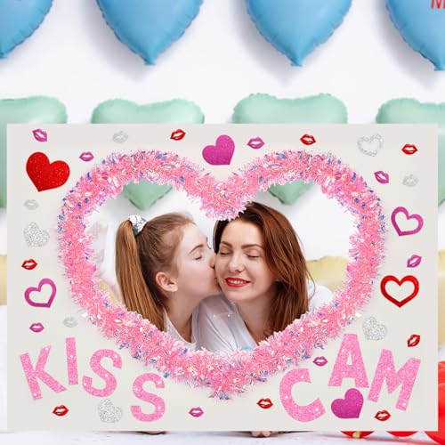 JarThenaAMCS 8 Pcs Valentine's Day Photo Booth Props Set Pink Heart Shape Kiss Cam Large Picture Frame DIY Cutouts Selfie ...