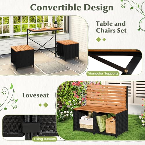 Tangkula 2-in-1 Outdoor Convertible Bench, Transforming Interchangeable Picnic Table Garden Loveseat with Metal Frame, PE ...