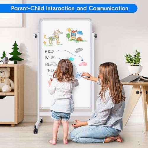maxtek Rolling White Board, 48 x 24 Height Adjustable Whiteboard on Wheels, Large Magnetic Standing Mobile Easel Board, Do...