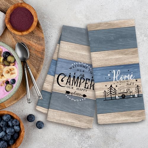 WFSM Camping Kitchen Towels Set of 2, 16x24 Inches, Patterned Cotton Terrycloth Dish Cloths with Loop Weave, Super Soft, M...