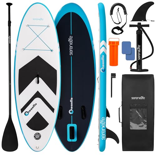 SereneLife 7'9" Kids Inflatable Stand Up Paddle Board - SUP for Youth with Single-Action Pump, Adjustable Paddle & Backpac...