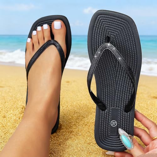 Slim Square Flip Flops for Women Classic Square Toe Sandals, Yoga Mat Indoor Outdoor Shower Shoes Thong Sandals