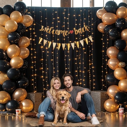 Black Backdrop Curtain with Lights String for Parties,10x10FT Wrinkle Free Black Drapes Wedding Photo Backdrop Curtains fo...