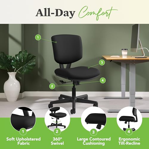 HON Volt Armless Office Chairs with Wheels, Ergonomic Adjustable Center-Tilt Recline, Fabric Back and Seat, Swivel Desk Ch...