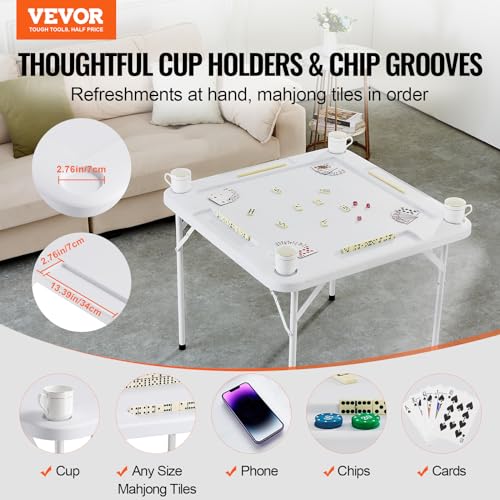 VEVOR Mahjong Table, Square 4 Player Folding Card Table with 4 Cup Holders & 4 Chip Trays, Portable Domino Game Table with 1 Set of Dominoes for Mahjong Poke Puzzles, 35.4 x 35.4-inch, Black