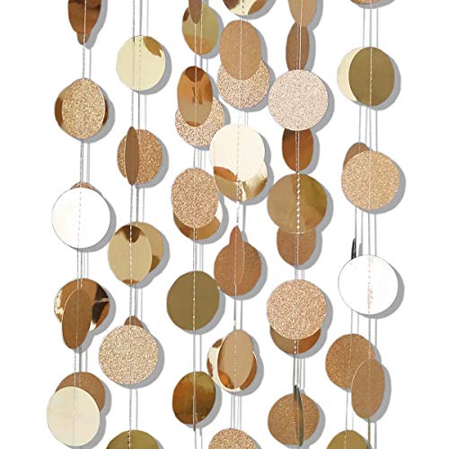6 Pcs Glitter Champagne Gold Paper Circle Dots Garland (52 Feet) Party Hanging Bunting Birthday Party Decorations Engageme...