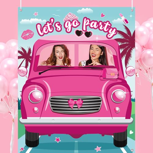 Blossom Sound Let's Go Party Photo Props - Pink Doll Photo Booth Props, Banner & Frame for Princess Birthday & Bachelorett...