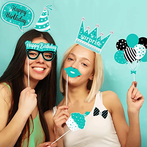Fangleland 24PCS Turquoise Birthday Photo Booth Props, Teal Blue Happy Birthday Decorations with Forever Young Selfie Pict...