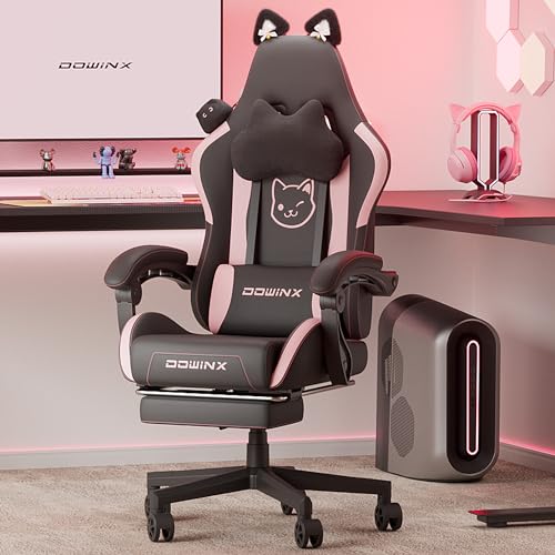 Dowinx Gaming Chair Cute with Cat Ears and Massage Lumbar Support, Ergonomic Computer Chair for Girl with Footrest and Hea...