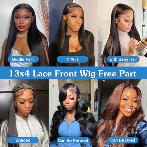 13x4 Straight Lace Front Wigs Human Hair 24 Inch Pre Plucked Human Hair Wig Glueless 180% Density HD Transparent Lace Frontal Wigs Human Hair for Black Women Natural Color(24 Inch)