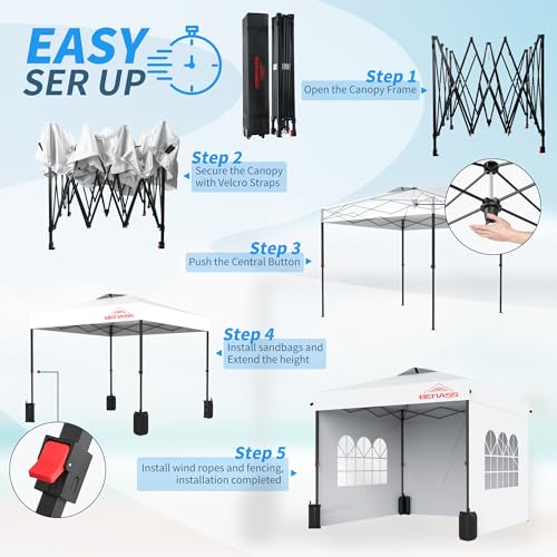 10x10 Pop Up Canopy with Sidewalls, Easy Up Canopy Tent, Heavy Duty Tents for Parties, One Person Set Up Event Tent, White