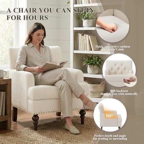 MALOL Upholstered Accent Chair with Thick Cushion, High Back Reading Chair, Linen Blend Armchair with Solid Rubberwood Leg...