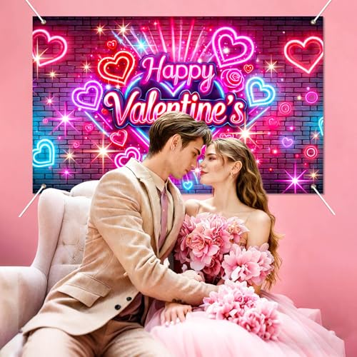 BlissYard Valentine’s Day Neon Banner Happy Valentine Backdrop Love Heart Light Effect Background for Valentine Party Deco...
