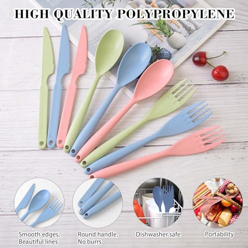 Large Reusable Plastic Compartments with Knives, Forks and Spoons, 9 Colours Portable Camping Utensils Tableware for Adult...