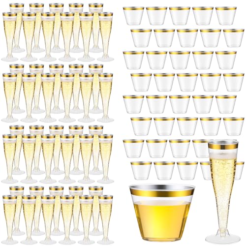 Newtay 160 Count Plastic Champagne Flutes and Cups Set, 60 Pcs 4.5 oz Gold Rim Disposable Champagne Flutes 100 Pcs 9 oz Go...