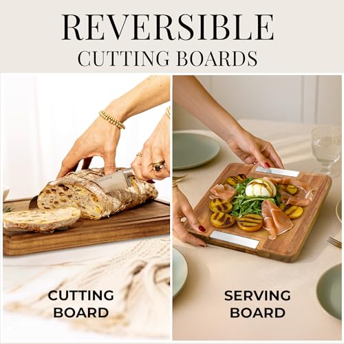 Acacia Wood Cutting Board Set with Holder – 4 Piece Wooden Cutting Board Set with Stand – Reversible Charcuterie Tray with...