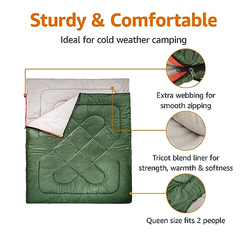 Amazon Basics 40°F Cool Weather Two-Person Sleeping Bag, 87 Inches x 59 Inches, Olive Green