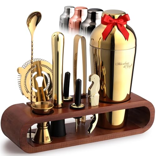 Mixology & Craft Cocktail Shaker Set with Dark Bamboo Stand - Professional 10-Piece Bartender Kit - Complete Bar Set & Coc...