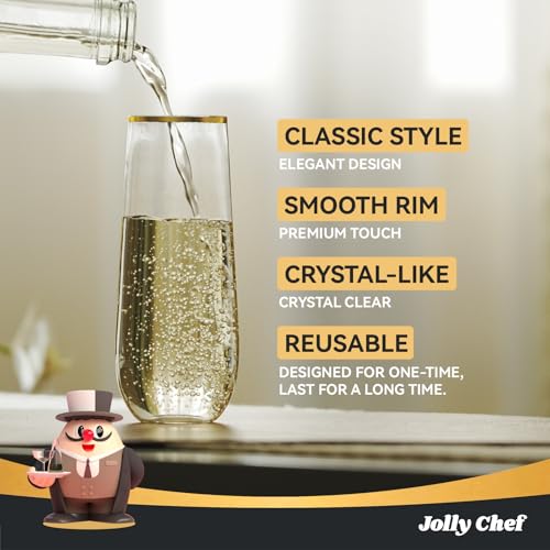 JOLLY CHEF 36 Pack 9 Oz Plastic Champagne Flutes, Gold Stemless Plastic Toasting Glasses| Shatterproof | Heavy Duty | Plas...