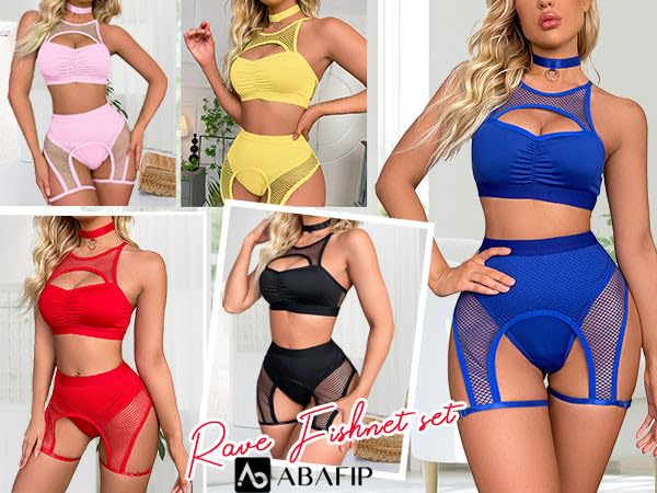 Women Rave Outfits Cutout Fishnet Top Booty Shorts Bottom Choker 3Pcs Babydoll Nightwear Festival Lingerie