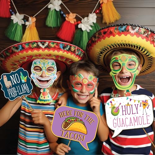 Fiesta Photo Booth Props - 41-pc Photobooth Kit with 8 x 10-Inch Sign, 60 Adhesive Pads, 45 Sticks - Mexican Photo Prop - ...