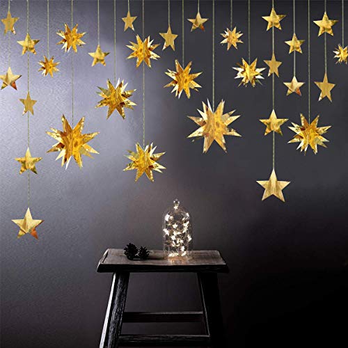 pinkblume Gold Party Decorations Star Garlands Streamer Gold 3D Stars Metallic Paper Hanging Bunting Banner for Birthday W...