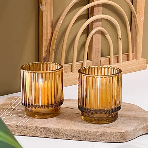 Kate Aspen Vintage Glass Tealight & Amber Votive Candle Holders (Set of 6) – Rustic Fluted Candle Holder Set, Boho Home De...