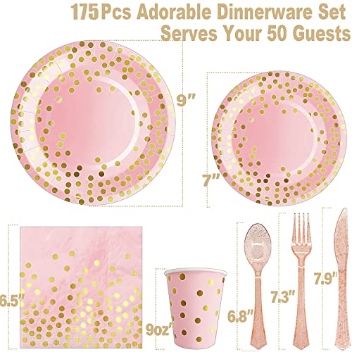 AIRE 175PCS Pink Rose Gold Plates Party Supplies Severs 25 Guests Disposable Party Decorations, Plastic Forks Knives Spoon...