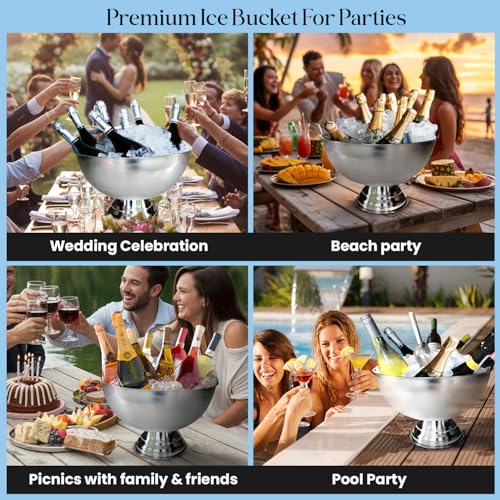 Premium 12L Large Ice Bucket for Parties – 16"x16"x10" Silver Stainless Steel Beverage Tub with Scoop – Insulated Ice Buck...