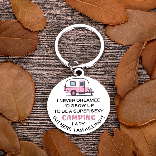 Funny Camping Keychain for Women Super Sexy Camping Lady RV Gifts Happy Camper Gift Cool Camper Accessories for Her RV Ess...