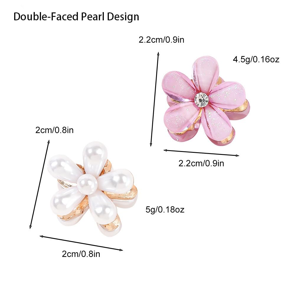 PreciRise 2 Pcs Small Mini Pearl Claw Clips with Flower Design, Sweet Artificial Bangs Clips Decorative Hair Accessories for Wom