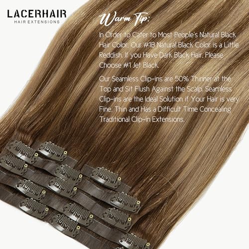 Lacer Hair Natural Balayage Hair Clip in Extensions Invisible PU Skin Weft 20 Inch Ombre Chocolate Brown to Caramel Blonde 7pcs 110g Seamless Silky Straight Hair Extensions Clip in Full Head R#4-4/27