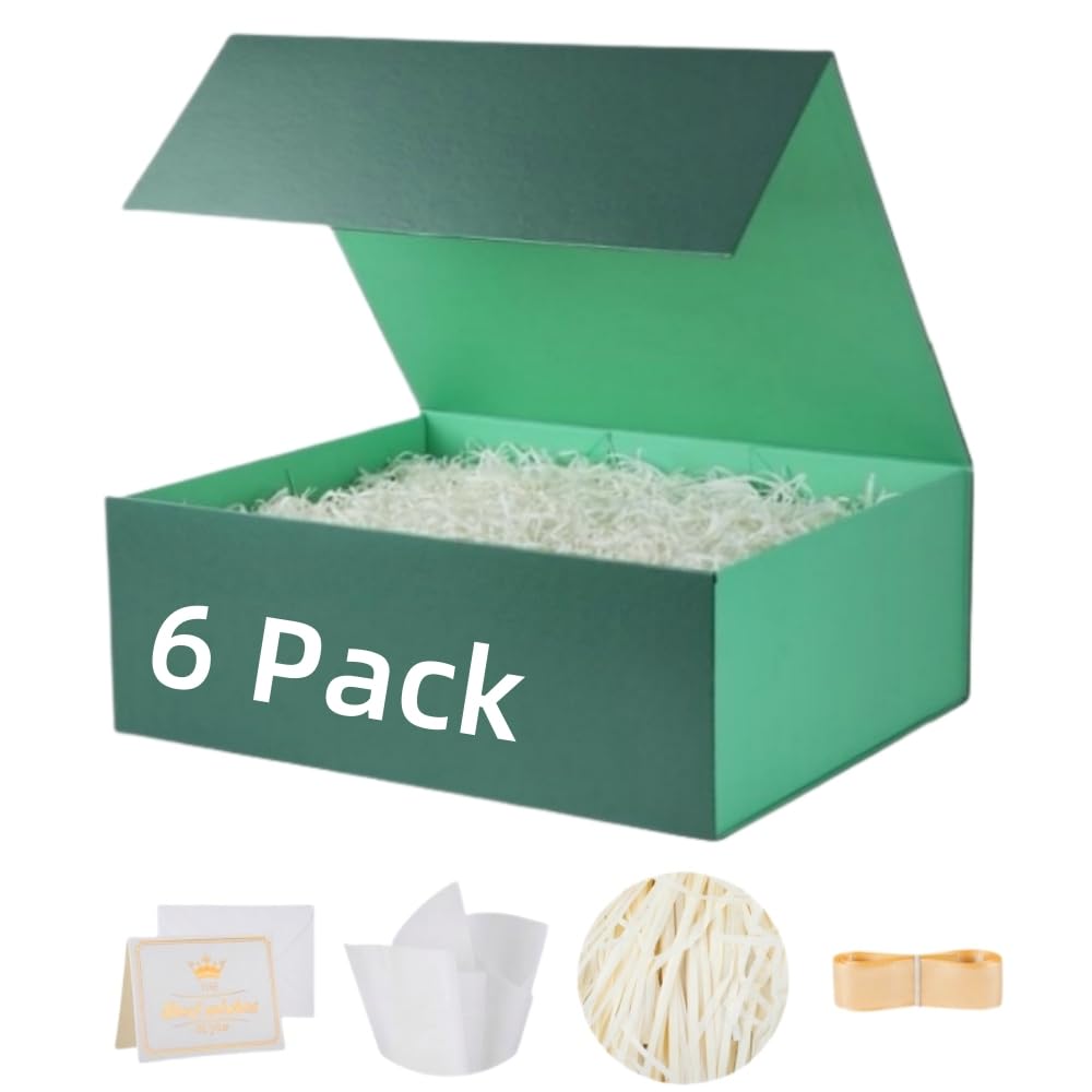 UoeRing 6 Pack Green Gift Box 9.5x6x3 inch Small Luxury Gift Box for Presents with Magnetic Lid Collapsible,Birthday,Christmas,Contains Card, Ribbon, Tissue Paper,Shredded Paper Fille