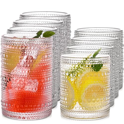 JPPSUJJ Vintage Hobnail Drinking Glasses Set of 8，15 oz Highball Glasses & 12 oz Cocktail Glasses，Drinkware Kitchen Glasse...