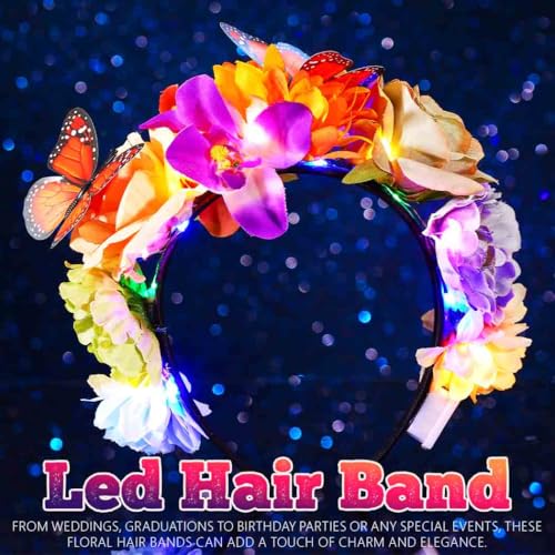 DRESBE Boho Light Up Flower Headband LED Butterfly Floral Headbands Glow Hawaii Beach Party Hair Accessories for Women (Mu...