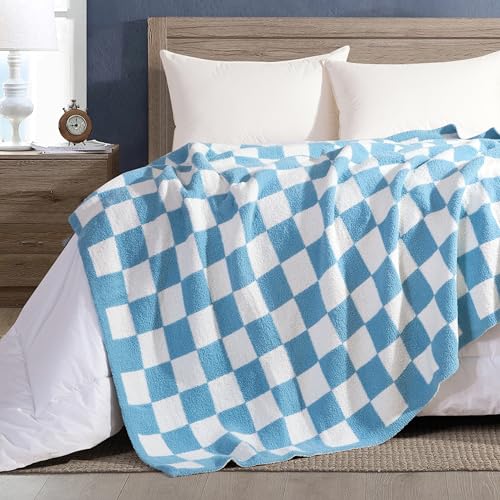 Elegant Comfort Checkered Throw Blanket, Aqua Super Soft Cozy Fluffy Warm Throw Blankets for Couch, Sofa, Chair, Bed, Camp...