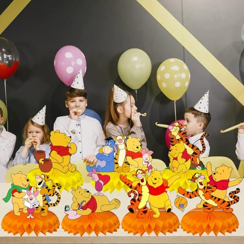 Winnie Birthday Party Supplies, 7Pcs Honeycomb Centerpieces for Winnie Party Decorations, Double Sided Table Decorations C...