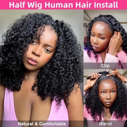 Half Wig 200 Density Kinky Curly Half Wig Human Hair Glueless Wear Go Curly Wig Beginner Friendly Seamless Flip Over Wig with Drawstring 3 In 1 Headband Wig for Women 16 Inch