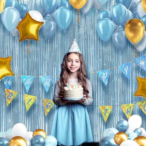 2 Pack Metallic Light Blue Fringe Backdrop, 3.2x8.2ft Shining Foil Tinsel Curtains, Birthday Party Decorations Door Stream...