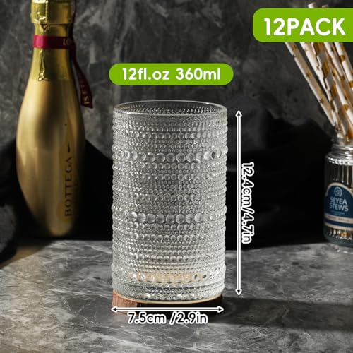 Moretoes Hobnail Drinking Glasses Set of 12,12 Oz Highball Glasses Clear Embossed Boho Water Glass Cups Kitchen Bar Tumble...