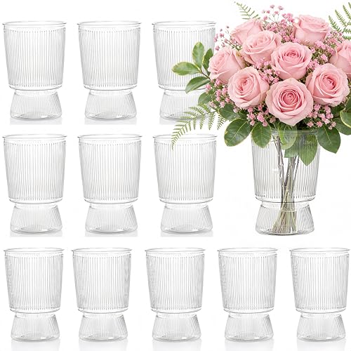 Tlence 12 Pack Clear Plastic Flower Vases, 6.3" Ribbed Fluted Glass-Like Vase, Decorative Modern Ripple Hydroponic Plant V...