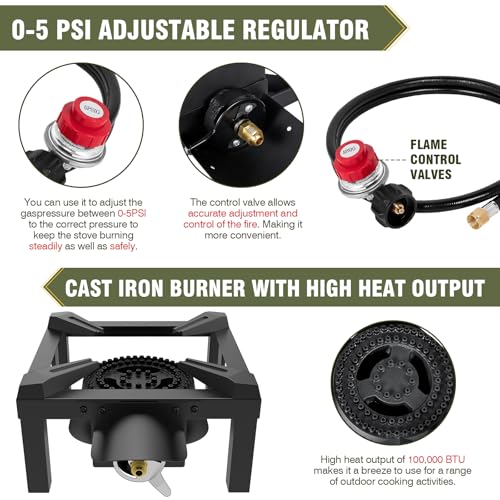 BESTFIRE Propane Burner,100,000 BTUs High Pressure Single Propane Stove with 4.1ft Adjustable Hose with Regulator,Gas Stov...
