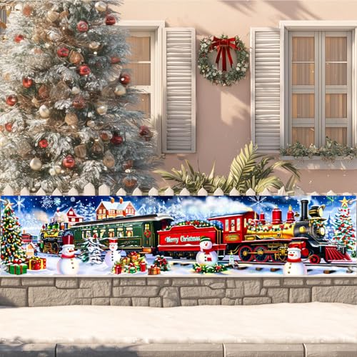 BlissYard Merry Christmas Long Horizontal Banner Backdrop Holiday Winter Wonderland Christmas Train Photography Background...