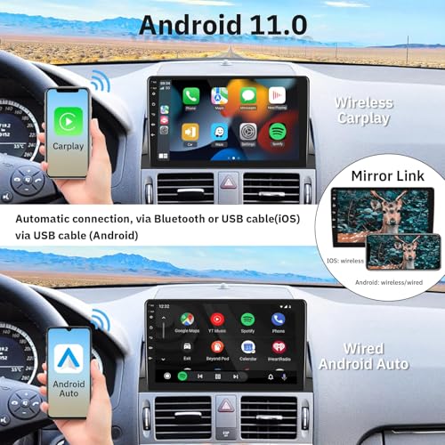 Android Car Stereo for Mercedes Benz C Class W204 S204 2006-2011 Support Wireless Carplay with 9” Touchscreen 2+64G HiFi A...