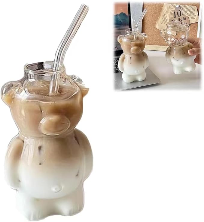 Bearista Glass Straw Cup Cute Bear with 2025 New Teddy Lid Kawaii Bears Shaped Cups for Coffee Smoothie Beer Cocktail Safe...