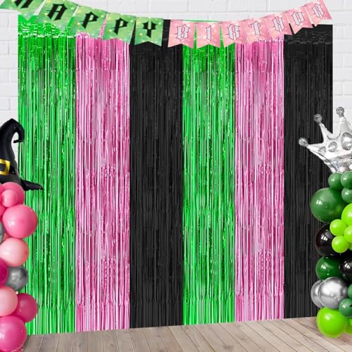 Pink Green Black Foil Fringe Curtains Backdrop Birthday Party Decorations, 4 Pack 3.28 x 6.56 Ft Witch Themed Tinsel Strea...