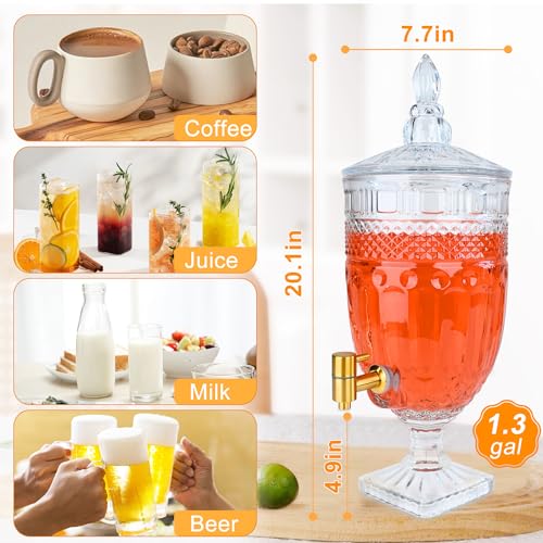 1.3 Gallon Glass Drink Dispenser, Glass Beverage Dispenser with Spigot for Party Bar Wedding, Crystal Collection Jug, Wide...