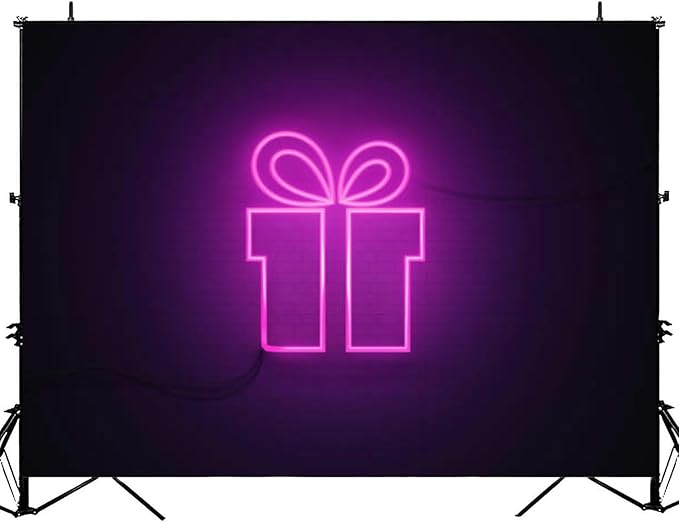 Gift Box Drawn Purple Neon Light Black Wall Backdrop Bitrhday Party Decorations Photography Studio Photo Backdrops Backgro...